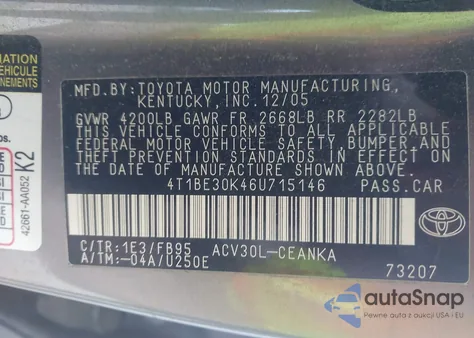 2006 Toyota Camry Le from USA, damaged, VIN 4T1BE30K46U715146